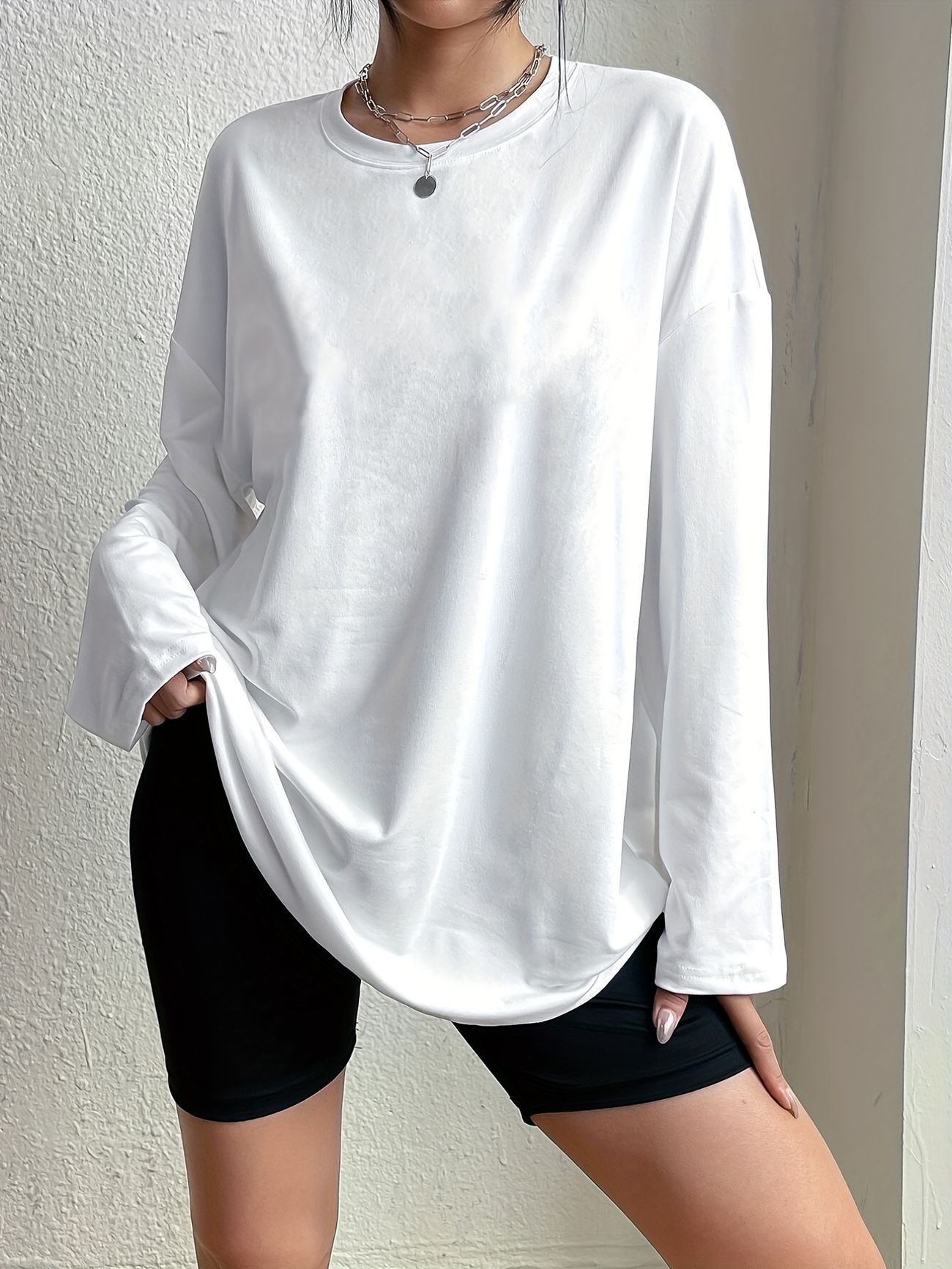 Loose Solid Crew Neck T-Shirt, Casual Long Sleeve Top For Spring & Fall, Women's Clothing | Temu Affiliate Program