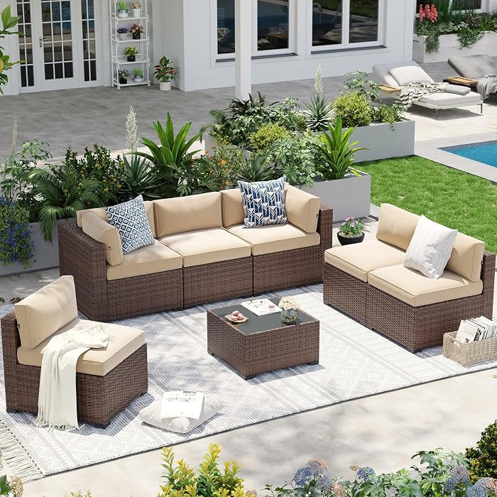 Aoxun Patio Furniture Sets, 7-Piece Outdoor Patio Furniture with Thick Cushions, Wicker Outdoor C... | Amazon (US)