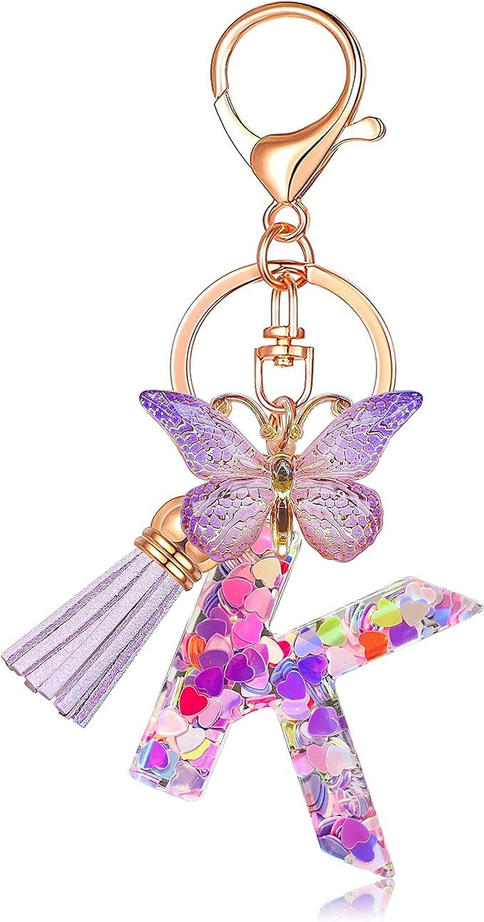 JINGUAZI Initial letter Keychains for Women Tassel Butterfly Pink Purple Cute Car Keychain for Wa... | Amazon (US)