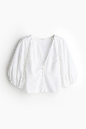 Chiffon Blouse with Flounces - Low-cut Neckline - Extra-long sleeve - Cream - Ladies | H&M US | H&M (US + CA)