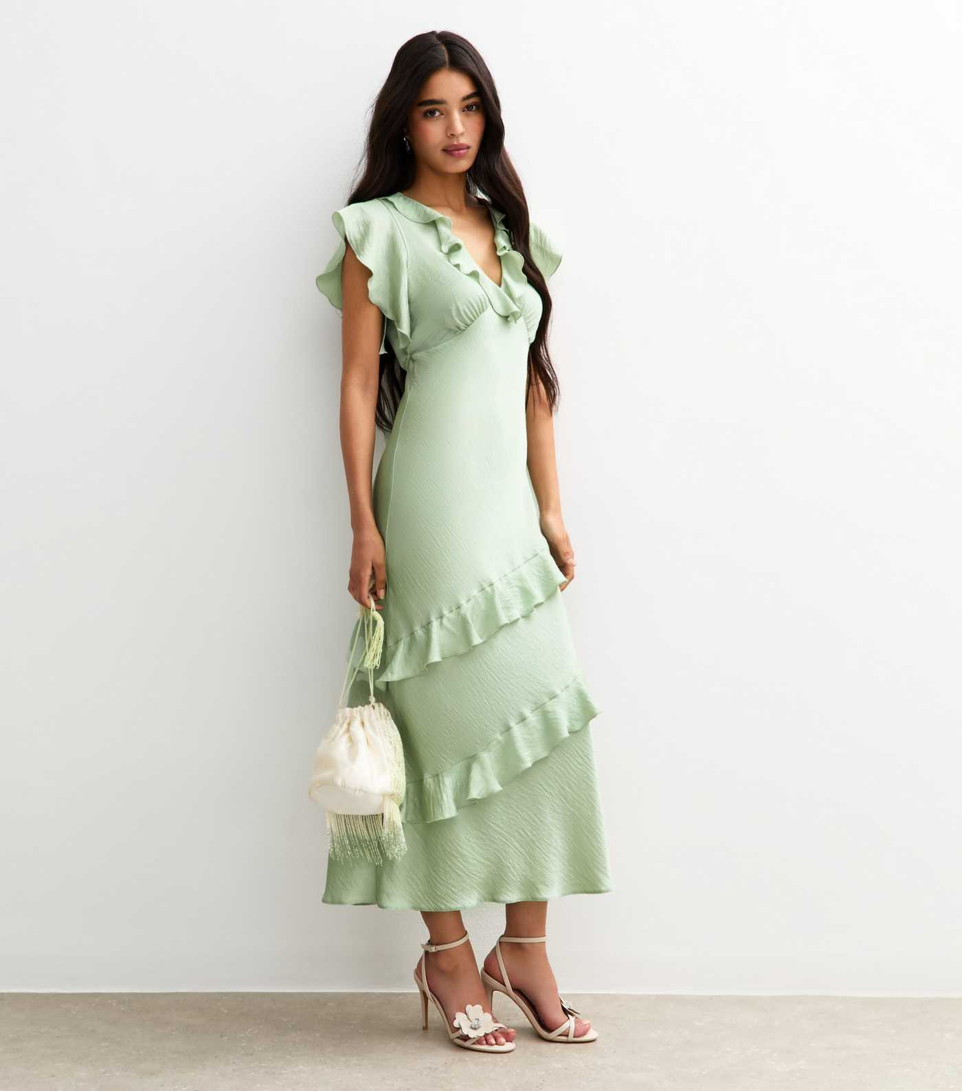Green Satin Ruffled Midi Dress | New Look | New Look (UK)