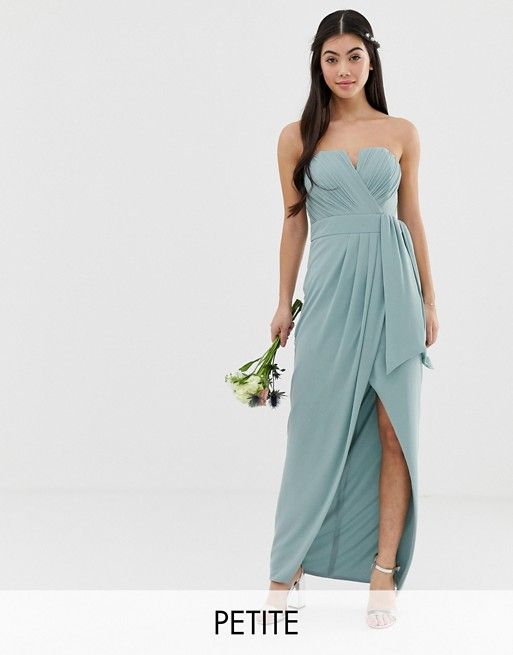 TFNC Petite bridesmaid exclusive bandeau wrap midaxi dress with pleated detail in sage | ASOS UK