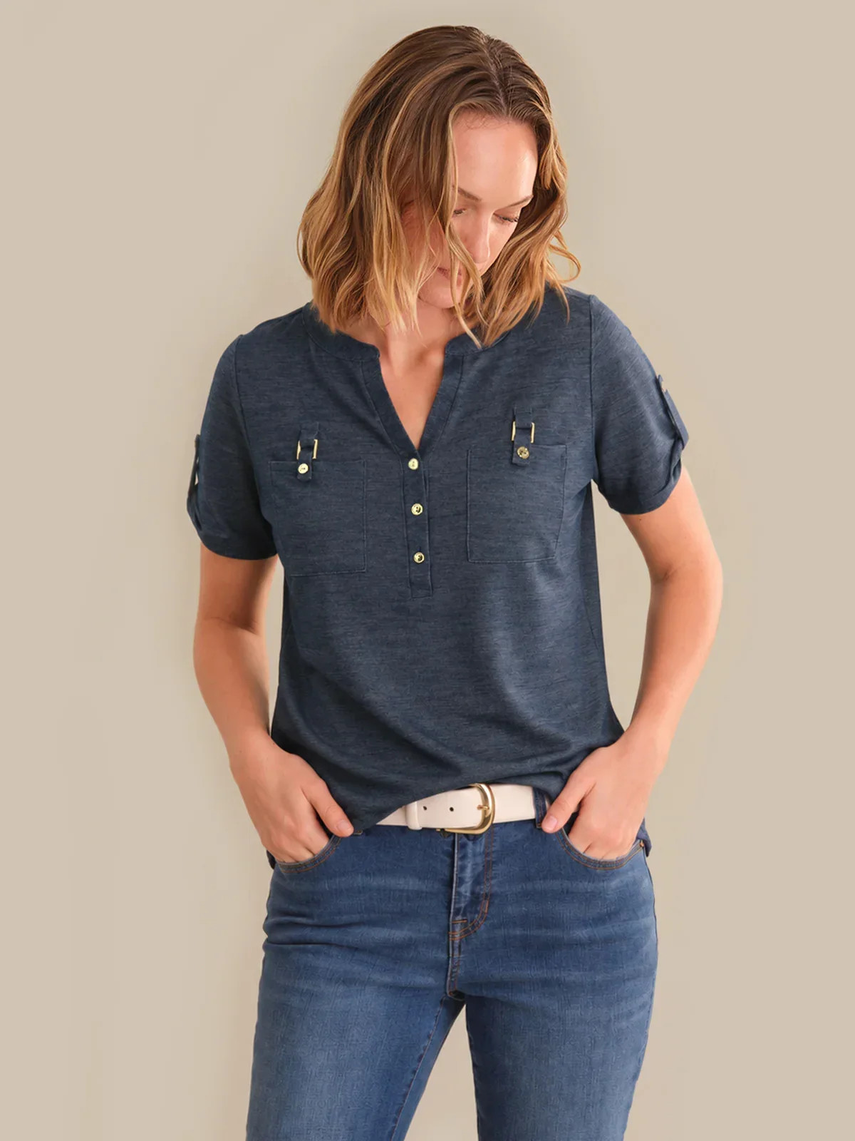 89th & Madison Roll Tab Buckle Split Neck Top | 89th + Madison