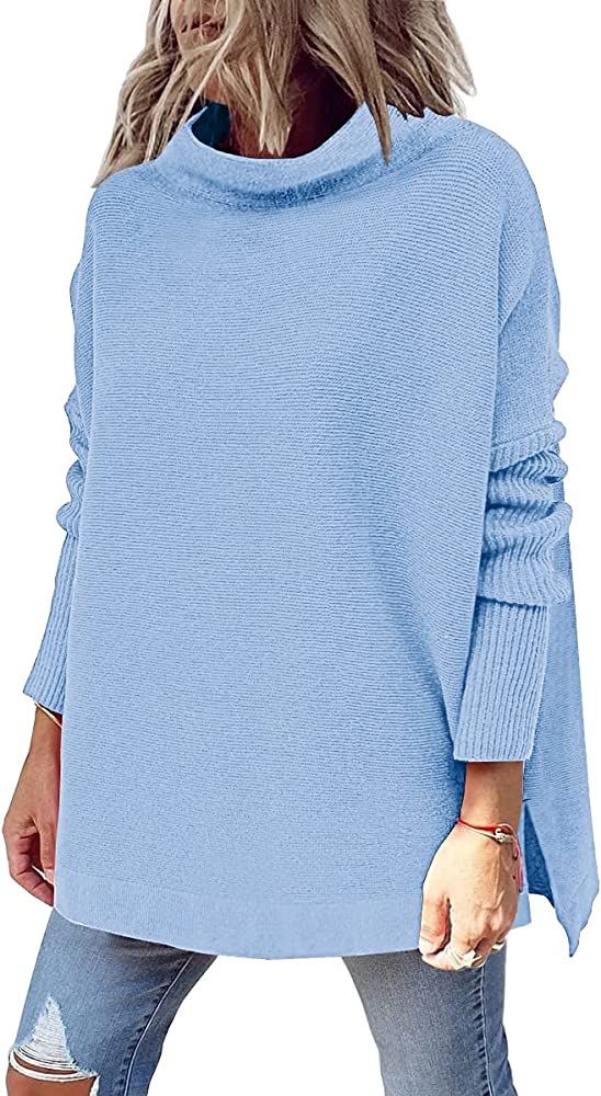 LILLUSORY Women's Mock Turtleneck Casual Oversized Sweater Long Batwing Sleeve Split Hem Ribbed K... | Amazon (US)