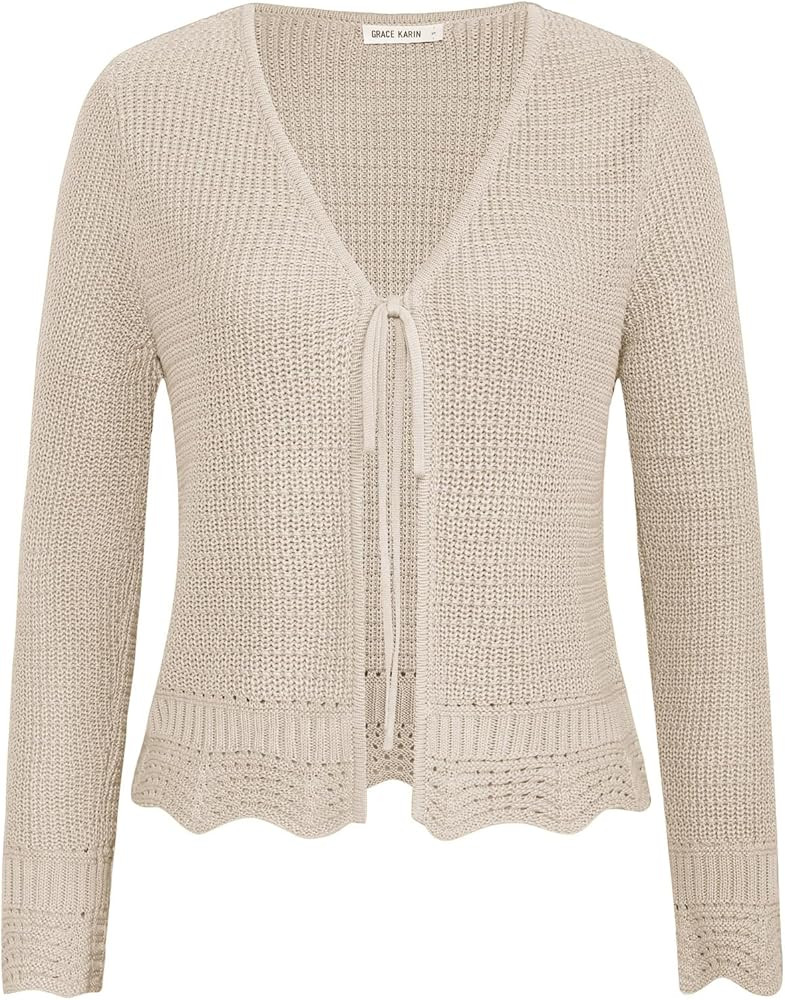 GRACE KARIN Women's Long Sleeve Cardigan Tie Front V Neck Crochet Lightweight Shrug Sweaters for ... | Amazon (US)