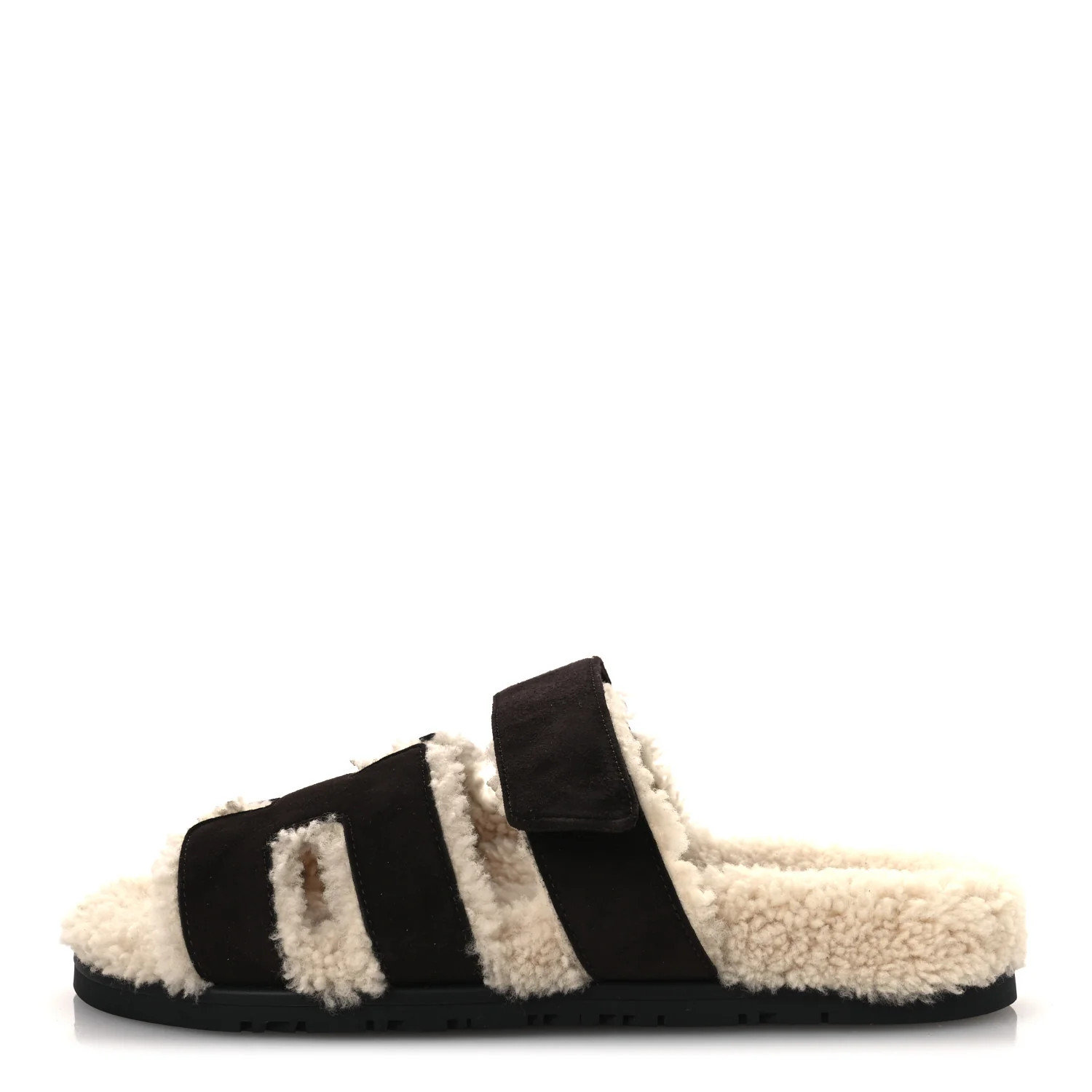 Hermes Suede Goatskin Woolskin Womens Chypre Sandals 38.5 Marron Ebene 1904617 | FASHIONPHILE (US)