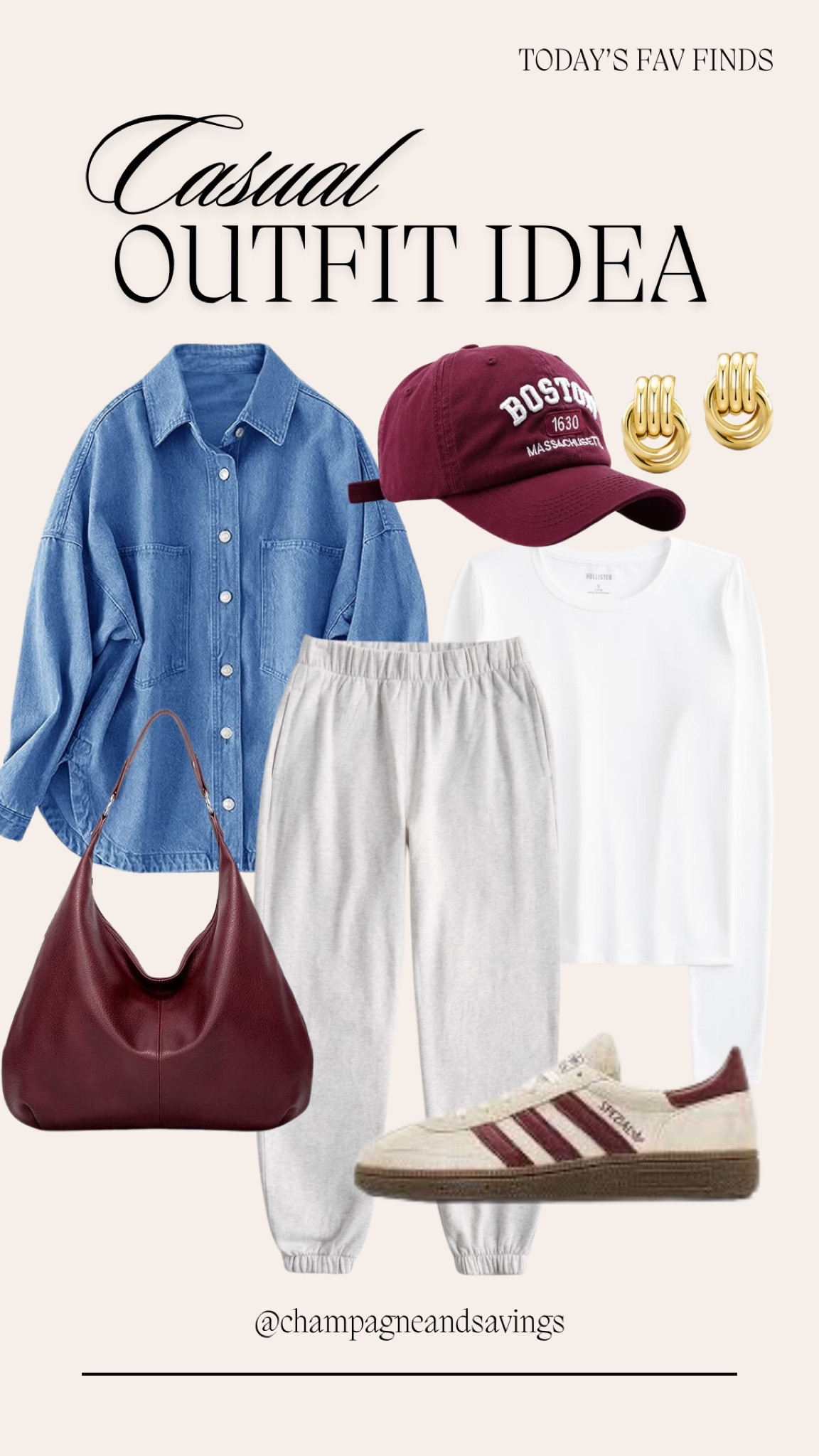 Wondering how to style grey sweatpants? Well this casual outfit idea is the perfect athleisure look for that! Love the pops of burgundy in the baseball cap, women’s bag, and of course adidas sambas! Pair this women’s fashion look with an oversized denim shacket, and it’s the perfect laidback everyday outfit! 

#LTKFindsUnder50 #LTKShoeCrush #LTKStyleTip