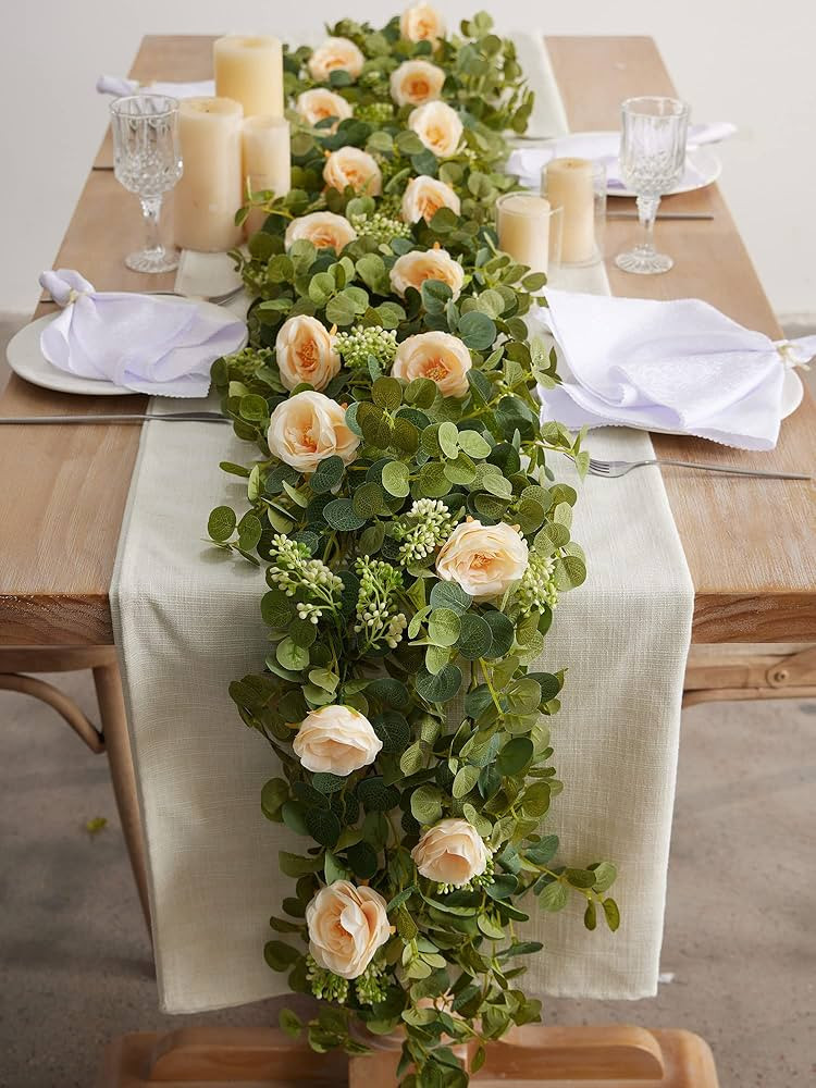 PARTY JOY 6.56ft Eucalyptus Garland with Flowers-8 Champagne Roses-Lush,Natural Looking, Floral G... | Amazon (US)
