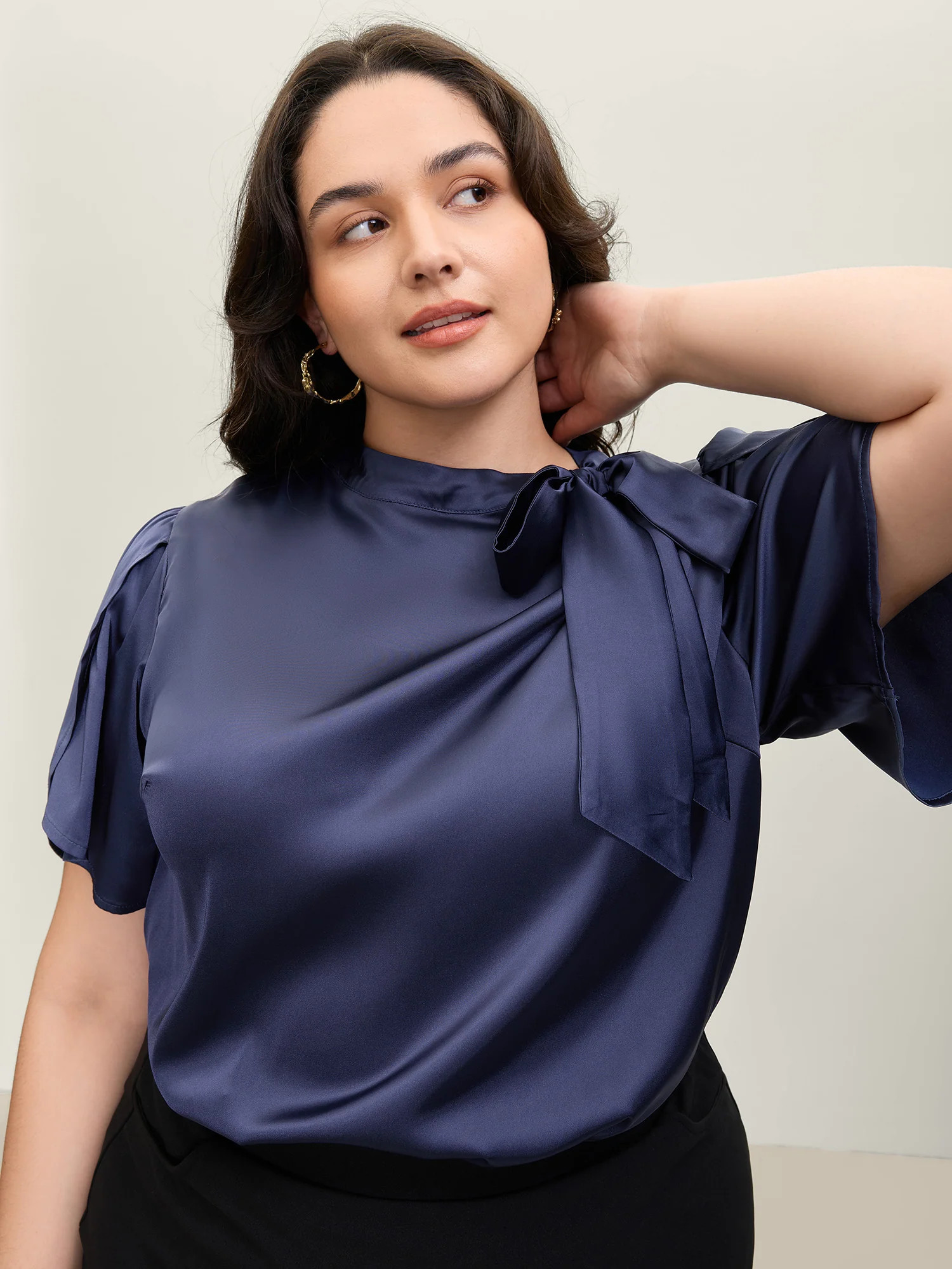 Satin Ribbon Knot Mock Neck Blouse | Bloomchic