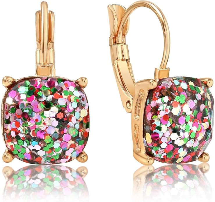 Sparkly Square Earrings for Women - Colorful Leverback Dangle Earrings for Women, Large Glitter S... | Amazon (US)