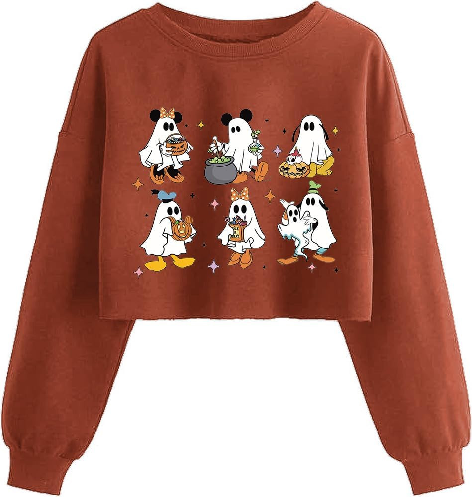 Women's Retor Ghost Skull Crop Sweatshirt Fall Halloween Lantern Long Sleeve Pullover Spooky Seas... | Amazon (US)