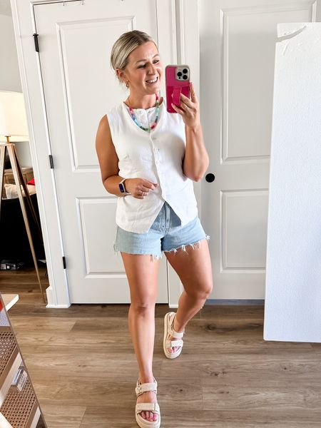 What I’m wearing this summer. Linen ✅ vest ✅ non-form fitting shorts ✅ 

Use code DRESSFEST for an additional discount on the Abercrombie pieces.

Small top
28 curve love denim shorts 
Size up at least 1/2 size in the sandals 

Use code KRISTINE20 for 20% off my Allie + Bess jewelry 

#LTKFindsUnder50 #LTKFindsUnder100 #LTKSaleAlert
