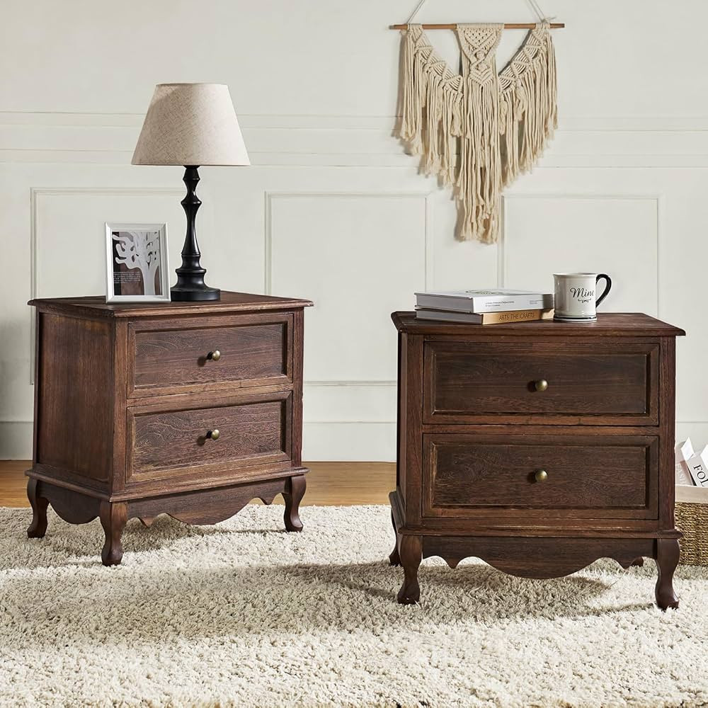 HULALA HOME Wood Nightstands Set of 2 with Charging Station Space, Bedside Tables 2 Drawer Dresse... | Amazon (US)