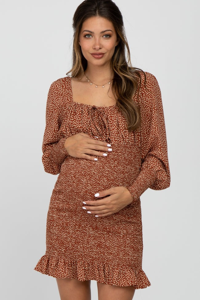 Rust Leaf Print Smocked Maternity Dress | PinkBlush Maternity
