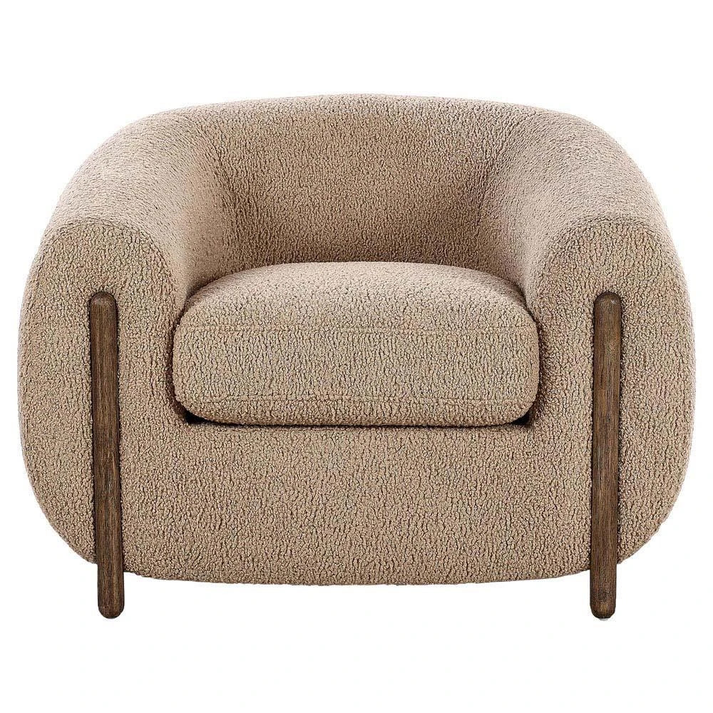Riley Mid Century Modern Light Brown Upholstered Wood Barrel Chair | Kathy Kuo Home