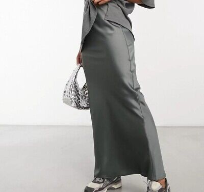 ASOS DESIGN satin bias maxi skirt in gunmetal grey Size 10 | eBay US
