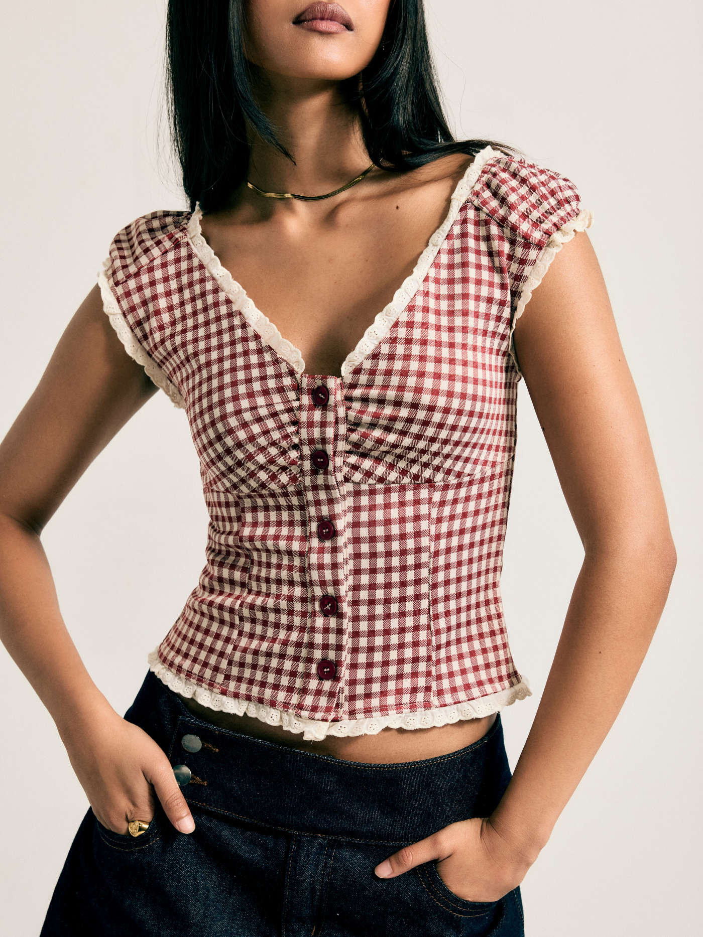Jacquard Jacquard Gingham Sweetheart Raglan Sleeve Ruched Top For Daily Casual Date | Cider