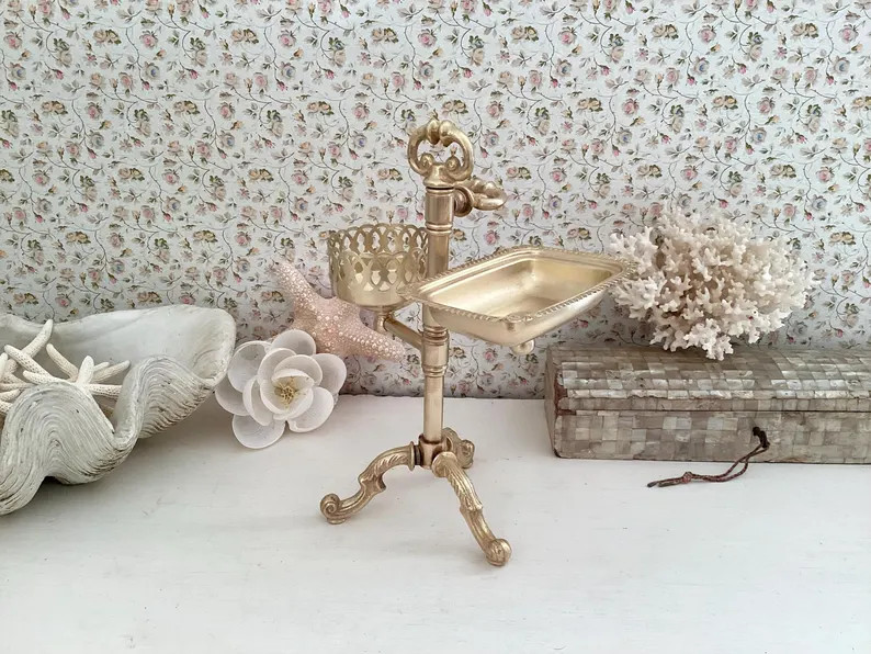 Antique Unlaquered Brass Bathroom Soap and Cup Holder, Shaving Stand, Countertop | Etsy (Global)