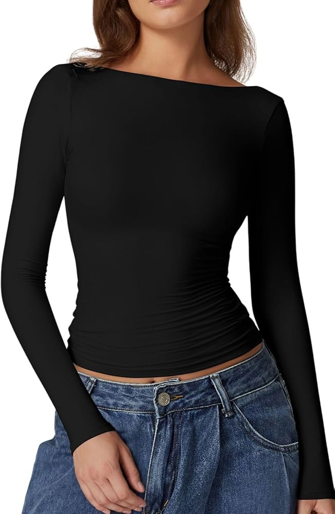 QINSEN Women's Sexy Open Back Long Sleeve Shirts High Neck Double Lined Tees Fitted Going Out Top... | Amazon (US)