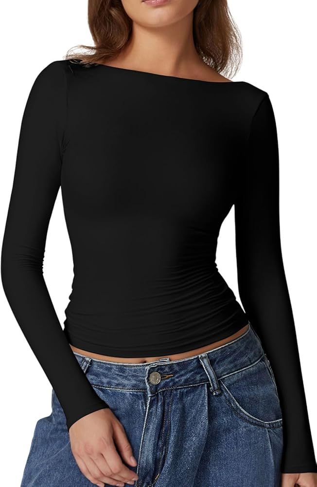 QINSEN Women's Sexy Open Back Long Sleeve Shirts High Neck Double Lined Tees Fitted Going Out Top... | Amazon (US)