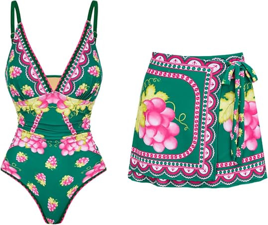 Women One Piece Deep V Neck Grapes Print Padded Swimsuit Two Piece Swimwear Bathing Suits | Amazon (US)
