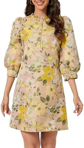 Ladyful Women's Floral Jacquard Shift Dress 2025 Long Puff Sleeve Button Up Elegant Cocktail Part... | Amazon (US)