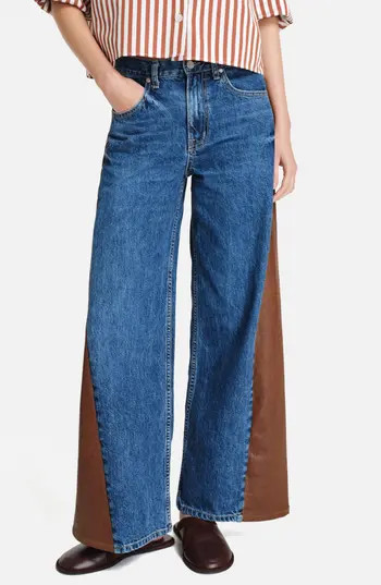TWP Ramblin Man Faux Leather Detail Wide Leg Jeans in Paris /Mahogany at Nordstrom Rack, Size 32 | Nordstrom Rack