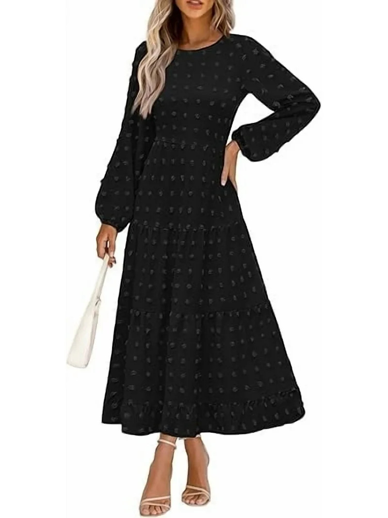 PRETTYGARDEN Women's Fall Spring Elegant Long Sleeve Maxi Dress Swiss Dot A Line Flowy Casual Hol... | Walmart (US)