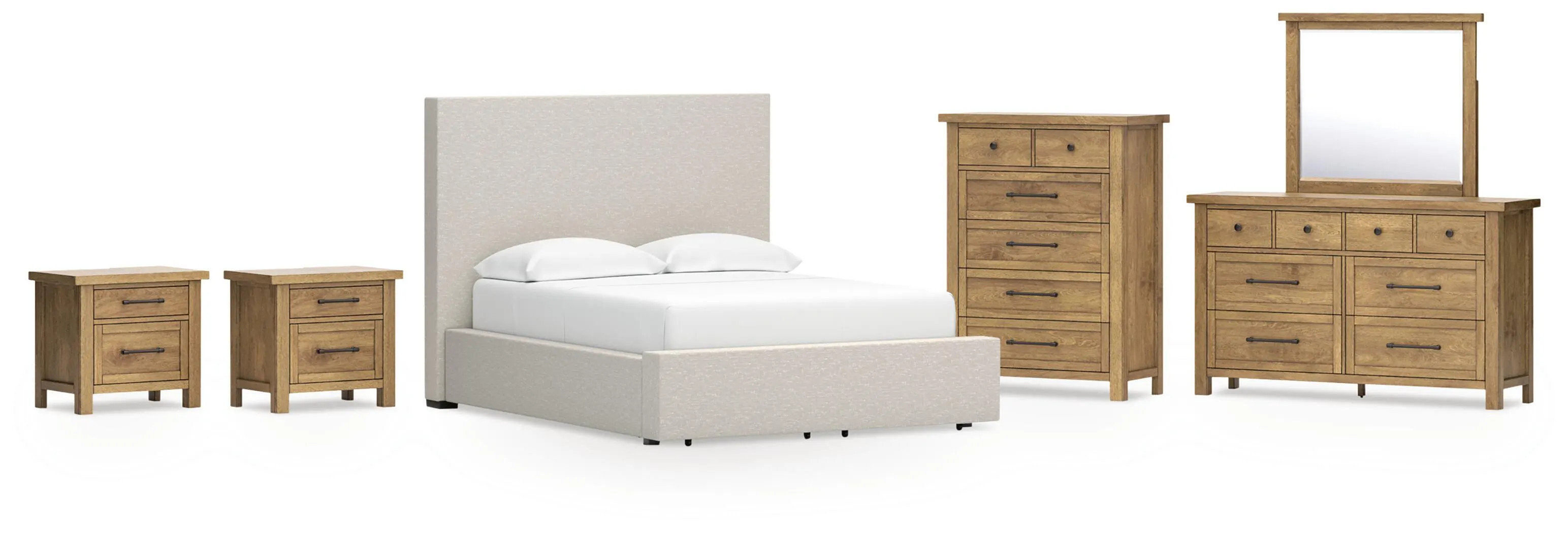 Kristiland Queen Upholstered Storage Bed with Mirrored Dresser, Chest and 2 Nightstands, Light Brown | Ashley