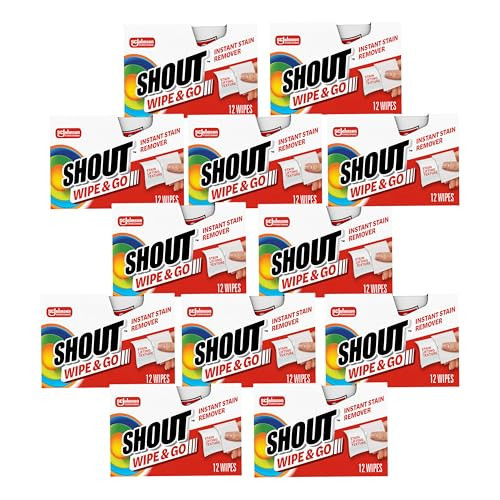 Shout Wipe & Go Instant Stain Remover Wipes, No Wash Required, Safe on Colorfast Washables, Travel & Baby Diaper Bag Essentials, Removes Grass, Coffee, Makeup & More, 12 Wipes (Pack of 12) | Amazon (US)