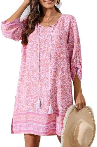 Zeagoo Womens Boho Dresses Casual Beach Summer Dress Tassel Tie Neck 3/4 Long Sleeve Mini Sundres... | Amazon (US)