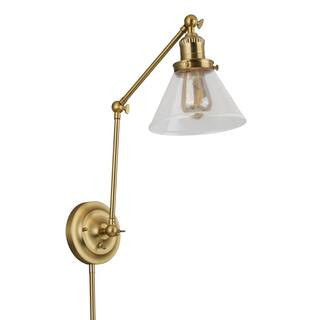 Cavell 1-Light Satin Gold Plug-In Swing Arm Wall Lamp with Clear Glass Shade and 6 ft. Cord | The Home Depot