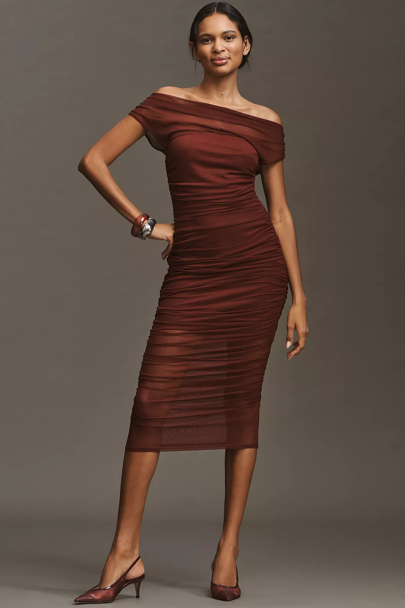 By Anthropologie Off-Shoulder Mesh Slim Midi Dress | Anthropologie (US)