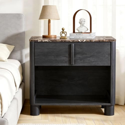 27" Wide Nightstand with Drawer and Open Shelf, Faux Marble & Wood Bedside Table, Modern Curved S... | Amazon (US)