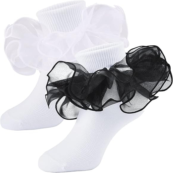 Girls Ruffle Socks Double Lace Frilly Dress Socks Kids Turn Cuff Socks for Toddler Little Girls 2... | Amazon (US)