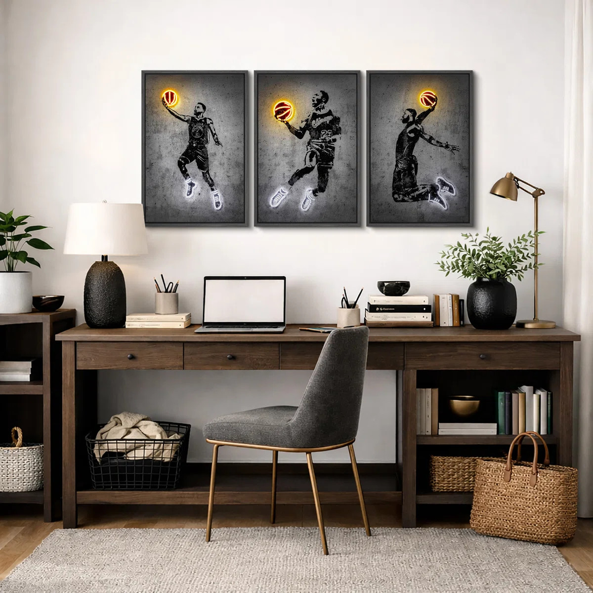 White & Yellow Neon Effect-Basketball Player Slam Dunk Artwork, Athletes Pop Modern Bedroom Decor... | Wayfair North America
