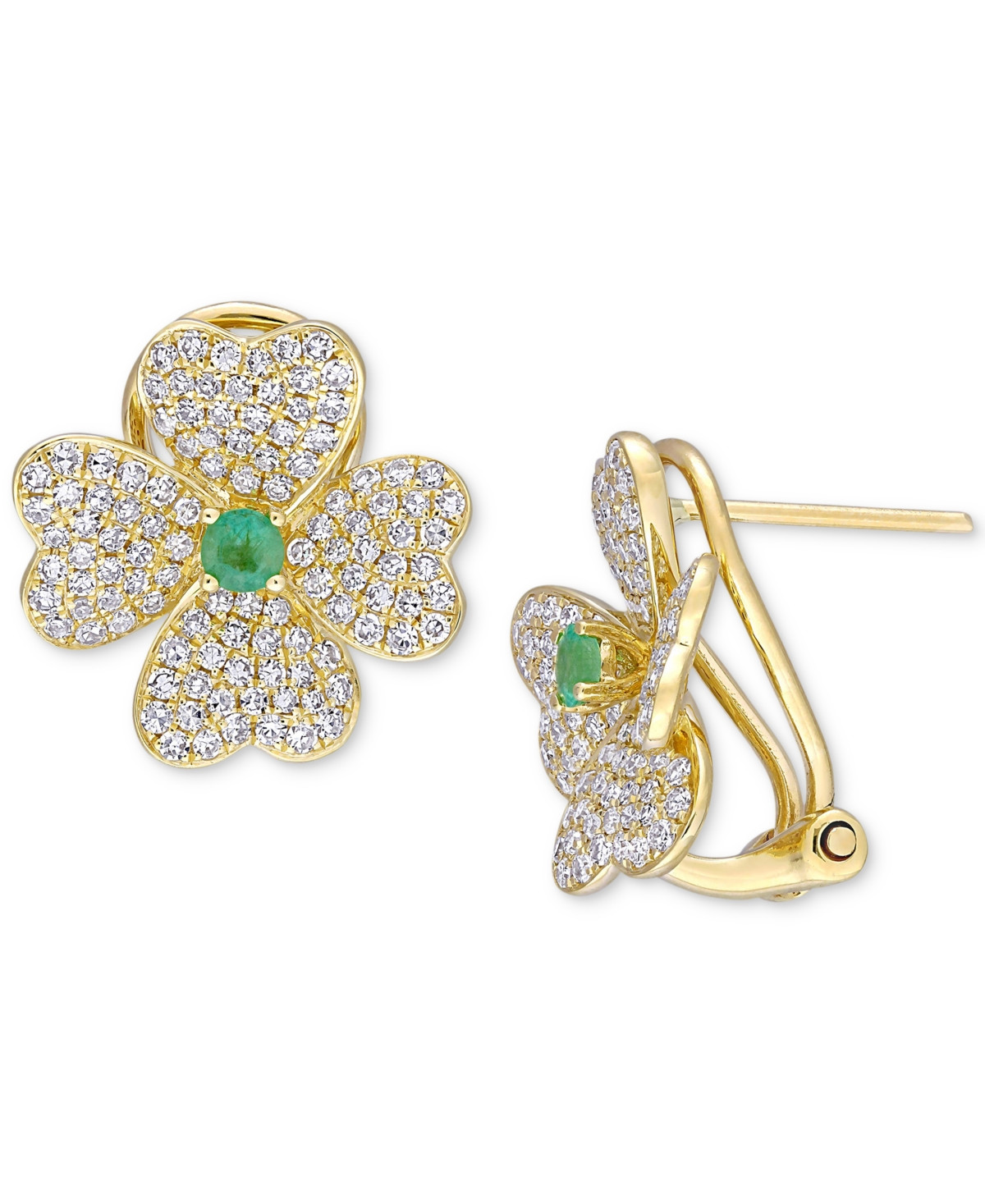Emerald (1/5 ct. t.w.) & Diamond (1 ct. t.w.) Heart Clover Omega Back Earrings in 18k Gold - Emerald | Macy's