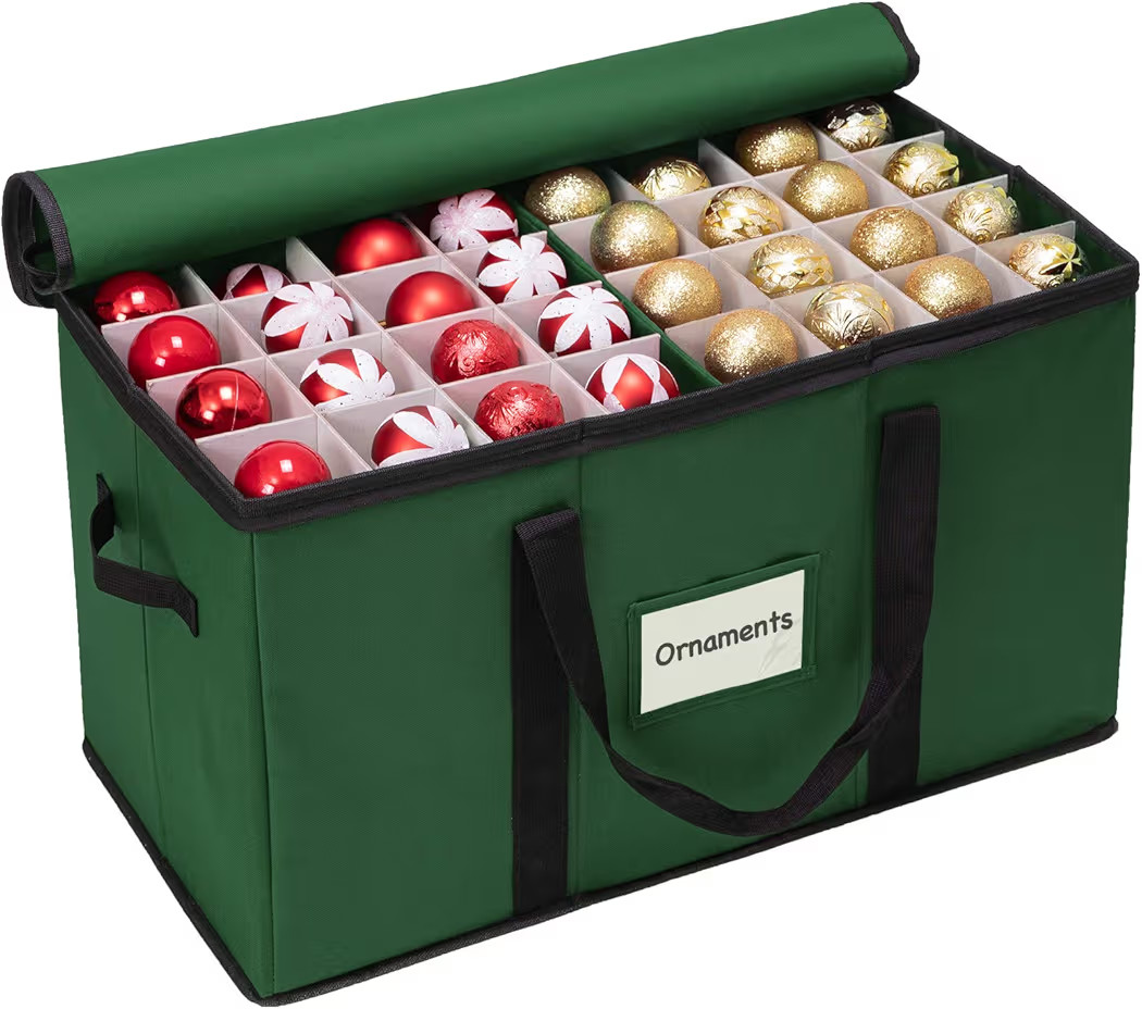 WBHome Christmas Ornament Storage Box with Lid, 3''& 4'' Compartment Storage Container with Adjustable Dividers, Keeps 114 Holiday Ornaments & Decoration Accessories, Green | Amazon (CA)