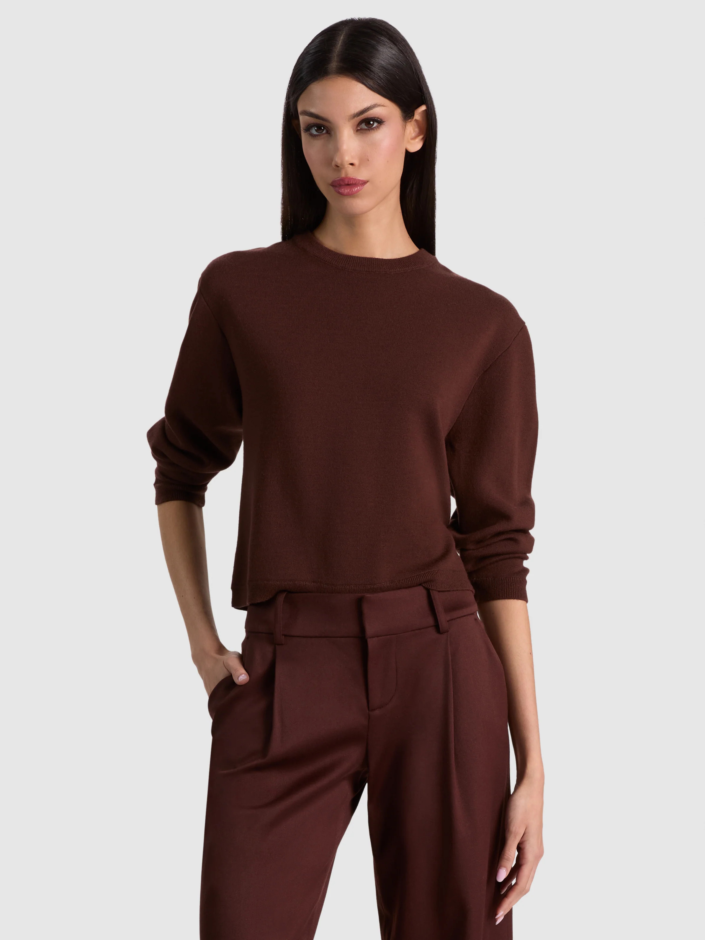 CALLUM PULLOVER WITH LACE UP BACK - DARK CHOCOLATE | Alice + Olivia
