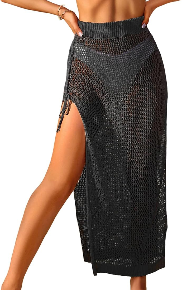 ZAFUL Women's Swimsuit Cover Up Crochet Sheer Knit Side Slit Maxi Beach Skirt Sarong | Amazon (US)