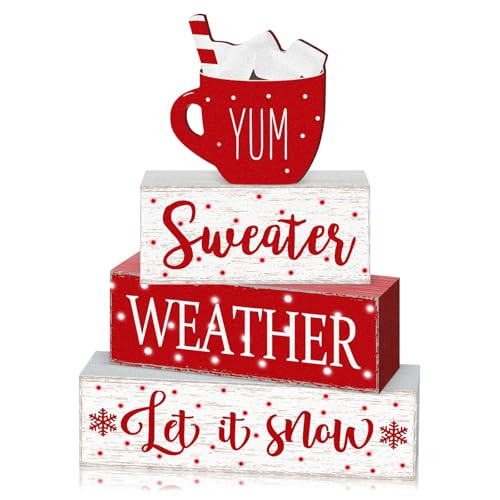Marsui 4 Pcs Winter Tabletop Decor Red Hot Cocoa Christmas Block Signs | Amazon (US)