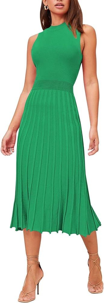 Pink Queen Women's Crew Neck Sleeveless High Waisted Bodycon Pleated Ribbed Swing Knit Midi Dress... | Amazon (US)