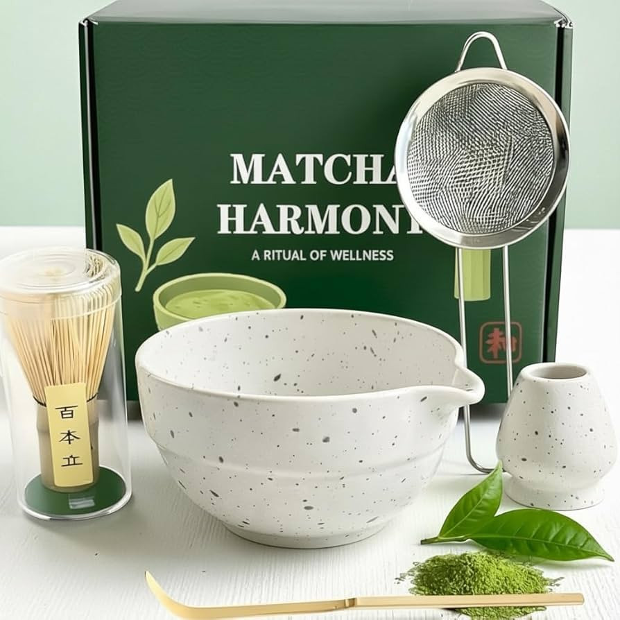 Matcha Set, Handmade Matcha Making Kit with Bamboo Whisk, Ceramic Bowl, Spoon, Strainer & Holder,... | Amazon (UK)