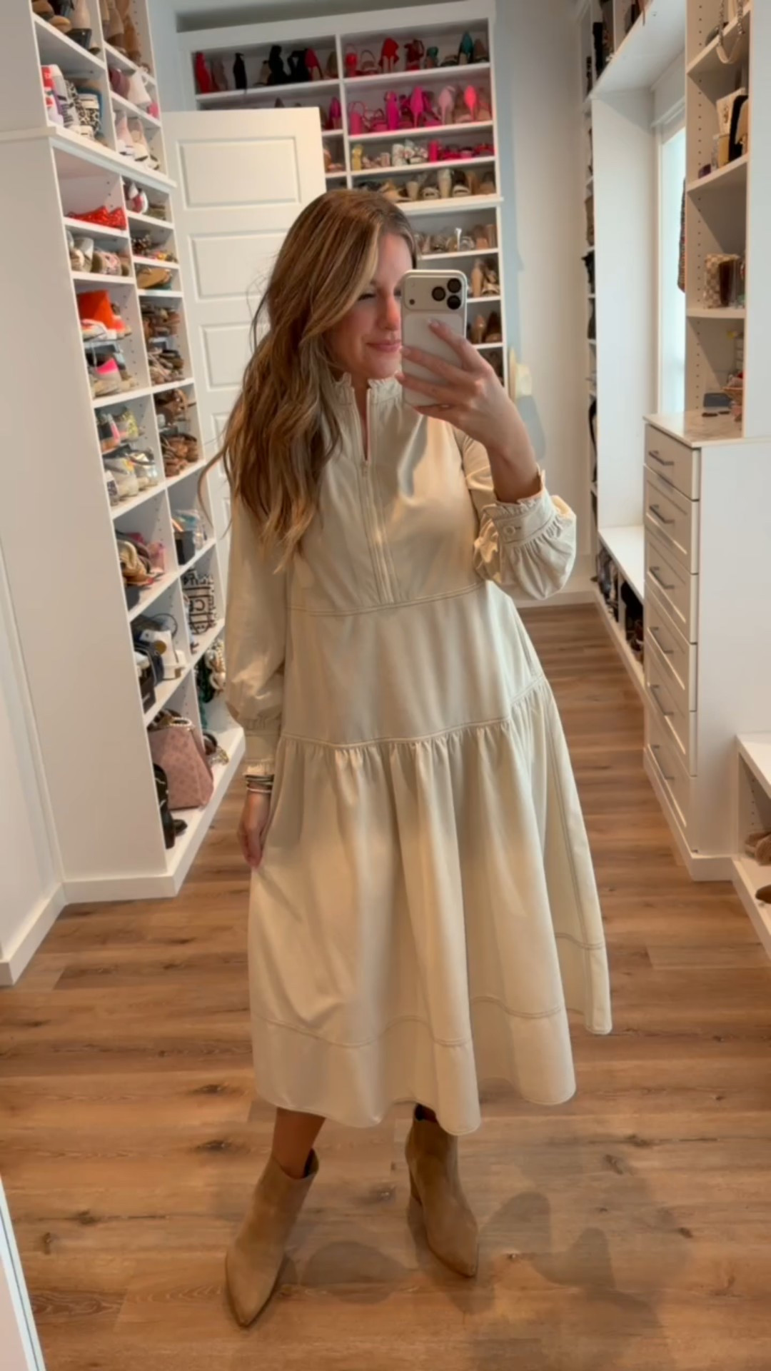 In a small corduroy maxi dress, ankle boots and accessories - fits tts.

#LTKSeasonal #LTKFindsUnder50 #LTKStyleTip