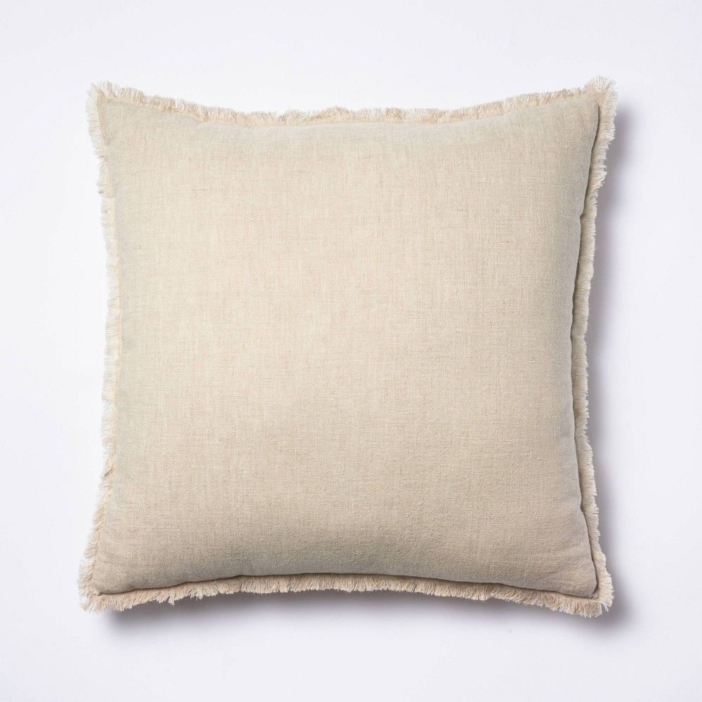 Oversized Square Linen Throw Pillow with Contrast Frayed Edges Neutral/Cream - Threshold designed wi | Target