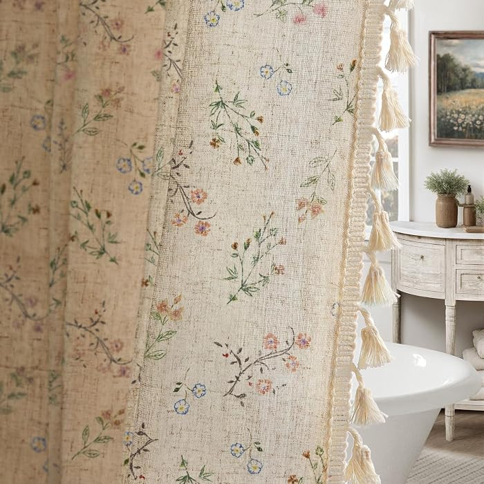 Floral Farmhouse Vintage Linen Shower Curtain, French Country Spring Shower Curtains for Bathroom... | Amazon (US)