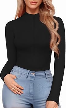 MANGOPOP Long Sleeve Body Suit Mock Turtle Neck Zip Up Bodysuit for Women Ribbed Deep V Sexy Body... | Amazon (US)