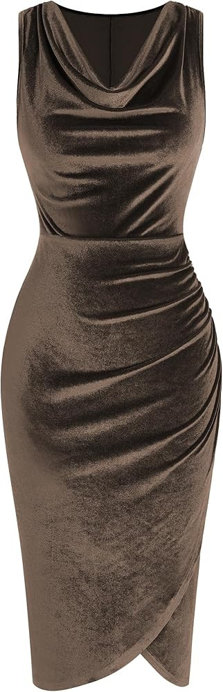 ZAFUL Womens Sleeveless Velvet Cocktail Dresses Cowl Neck Party Midi Wedding Guest Dress Ruched S... | Amazon (US)