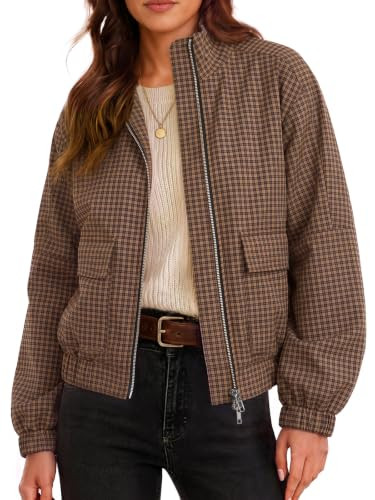 Womens Cropped Plaid Jacket Zip Up Lightweight Casual Coat with Pockets | Amazon (US)
