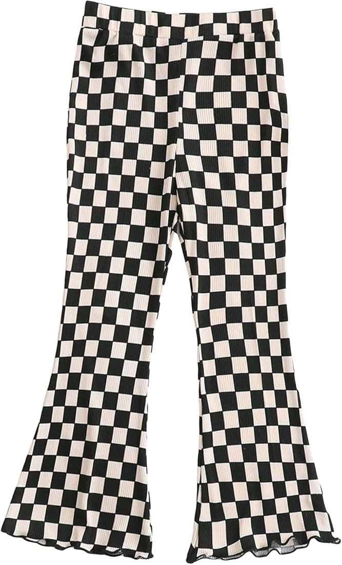 SOLY HUX Toddler Girl's Plaid Print Flare Leg Pants Lettuce Trim High Elastic Waist Long Trousers | Amazon (US)